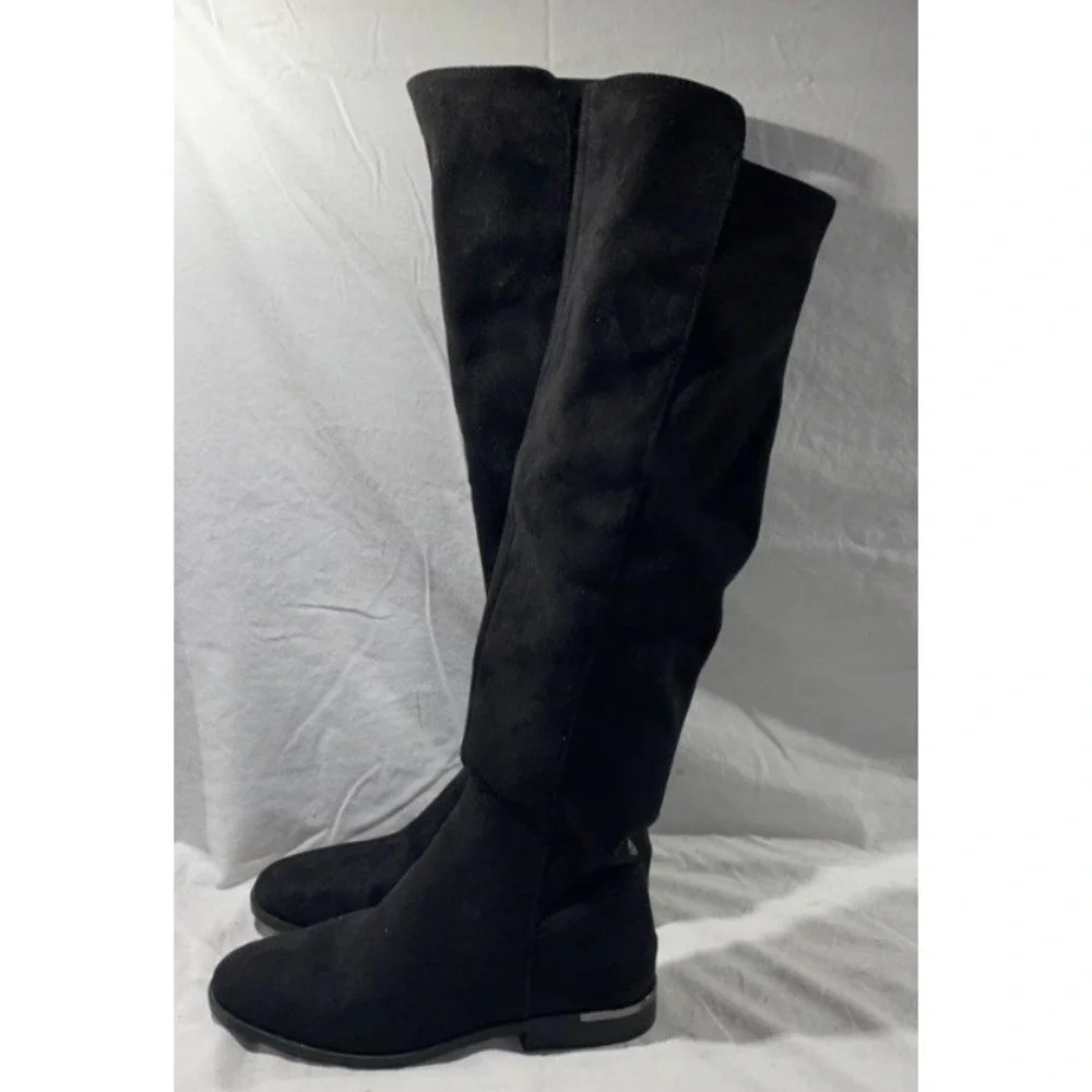 Nine West Wmns Black Faux Suede Over The Knee Tall Boots Silver Heel Accent 7.5